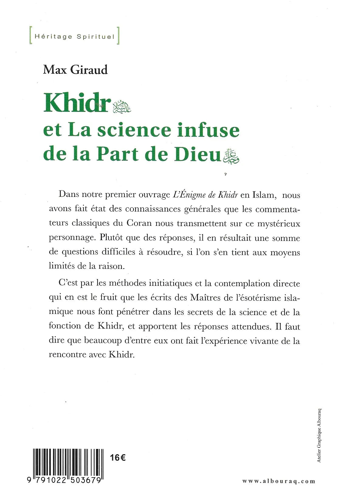 Khidr et La science infuse de la Part de Dieu (awj) de Max Giraud - Verso