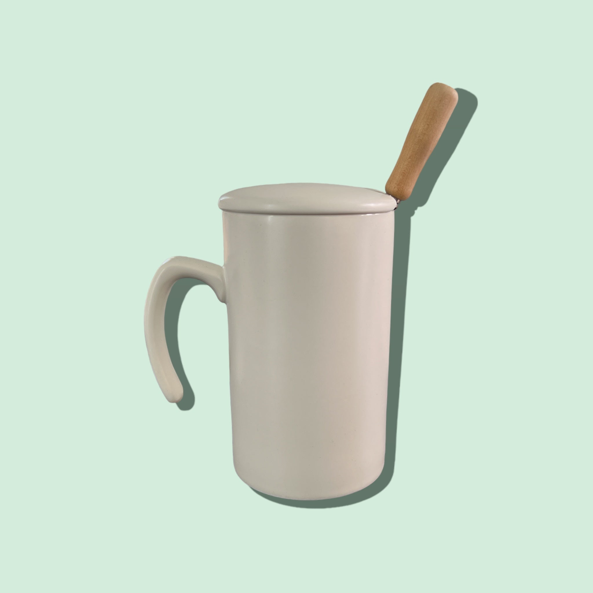 Tasse en céramique cylindrique avec cuillère en métal et couvercle céramique - Design moderne - 250 ml