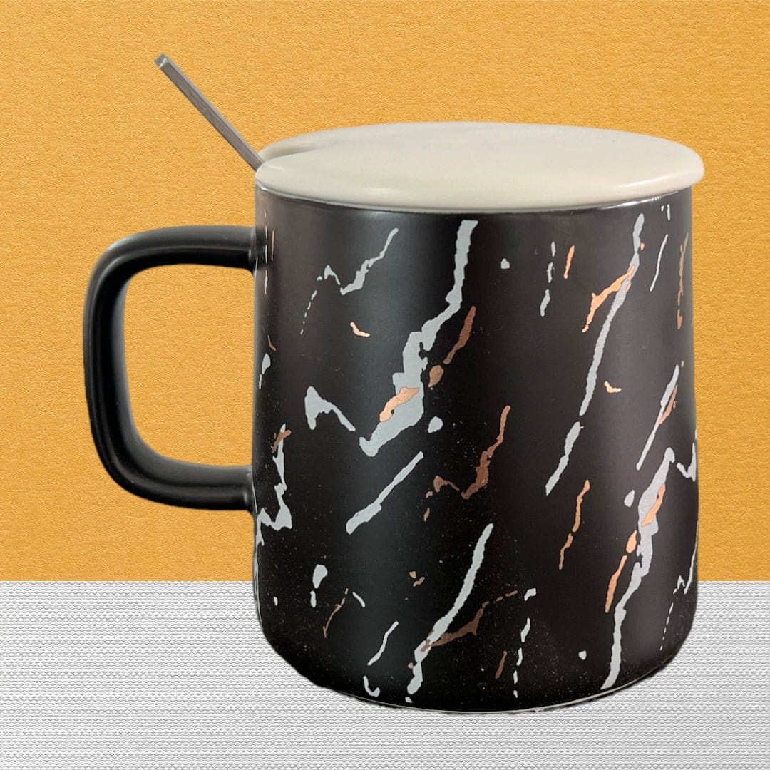 Tasse en céramique effet marbre avec cuillère en métal et couvercle céramique - Mug Moderne et élégant - 250 ml Al-imen Décoration 9782492025334 Librairie Musulmane Al-imen